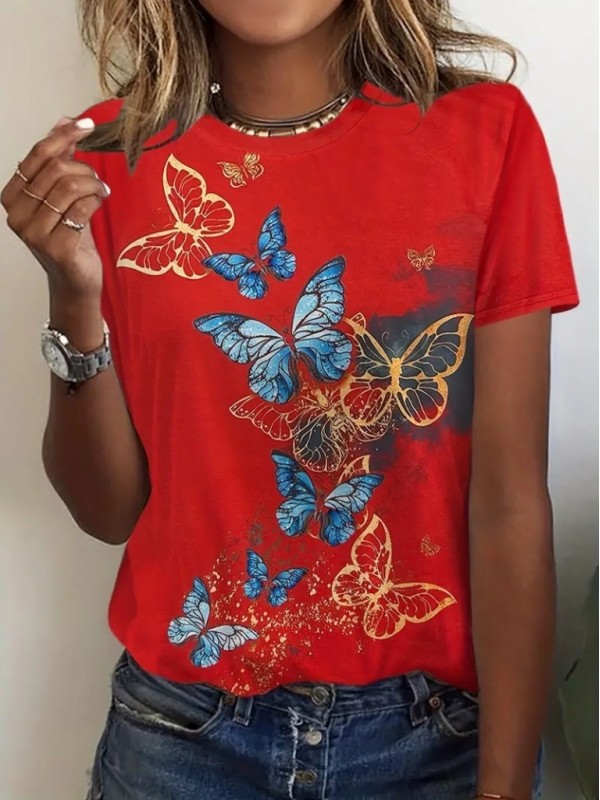 Kadın Kısa Kollu Mavi Sarı Kelebek Baskı Süprem Bluz, 23800